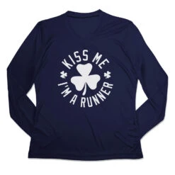 Women's Long Sleeve Tech Tee - Kiss Me I Am A Runner Shamrock